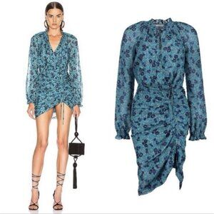 Veronica Beard Becky Teal Blue Floral Ruched 100% Silk Dress, Size 8